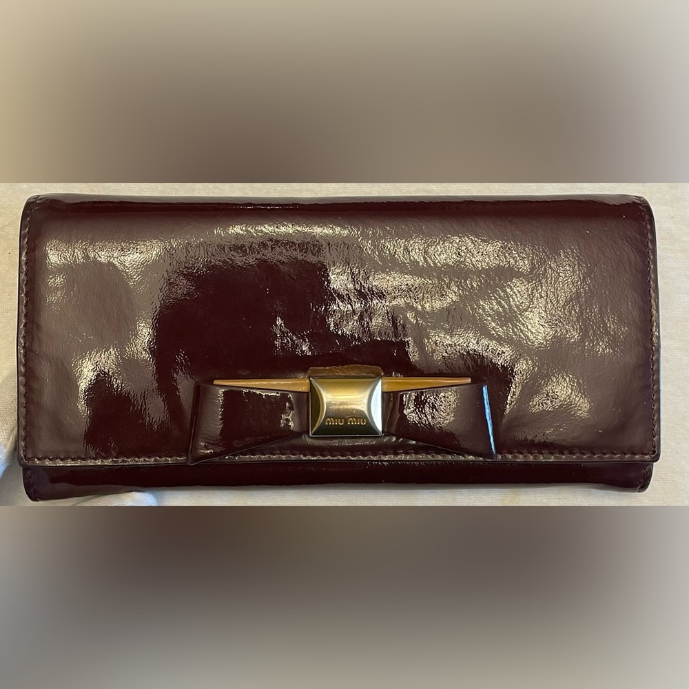Miu Miu Authentic Vintage Maroon Patent Leather Long Wallet w/ Bow & Gold Accent